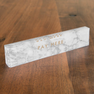 Shop Pay here White Carrara Marble Gold Classic Nameplate