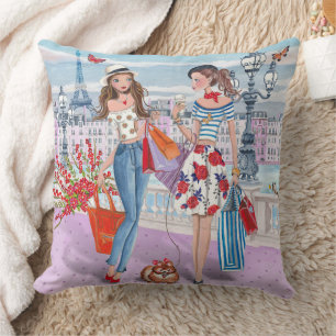 Shopping girls in Paris   Cotton Throw Pillow