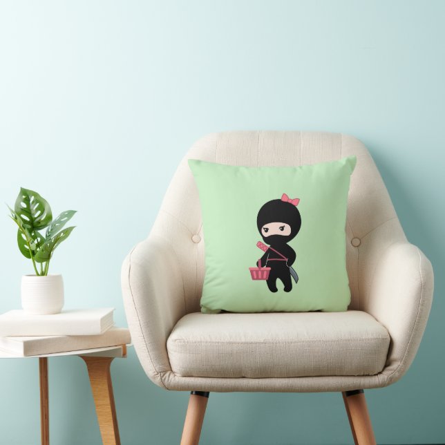 Shopping Ninja Girl On Green Throw Pillow (Chair)