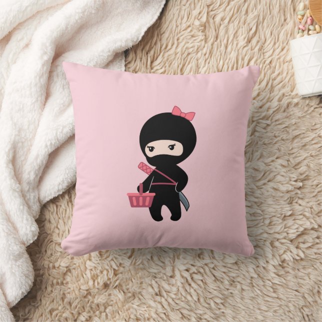Shopping Ninja Girl On Pink Throw Pillow (Blanket)