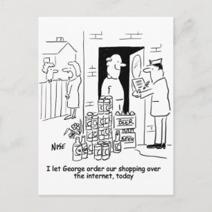 Shopping on the internet. Man buys just beer. Postcard