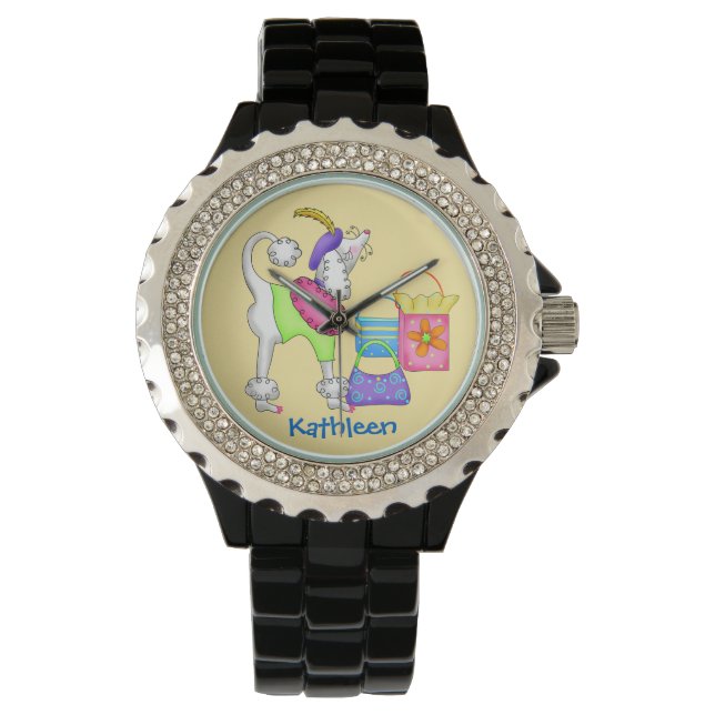 Shopping Poodle Whimsy Dog Art Yellow Watch (Front)