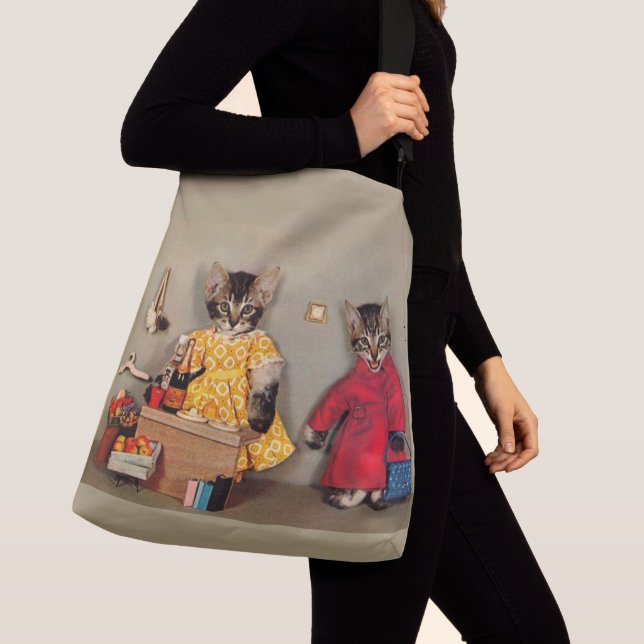 shopping tabby kitten and cashier tabby kitten crossbody bag (Close Up)