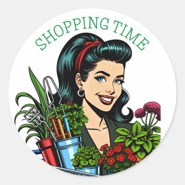 Shopping Time | Funny Retro Plant-Lovers Classic Round Sticker (Front)