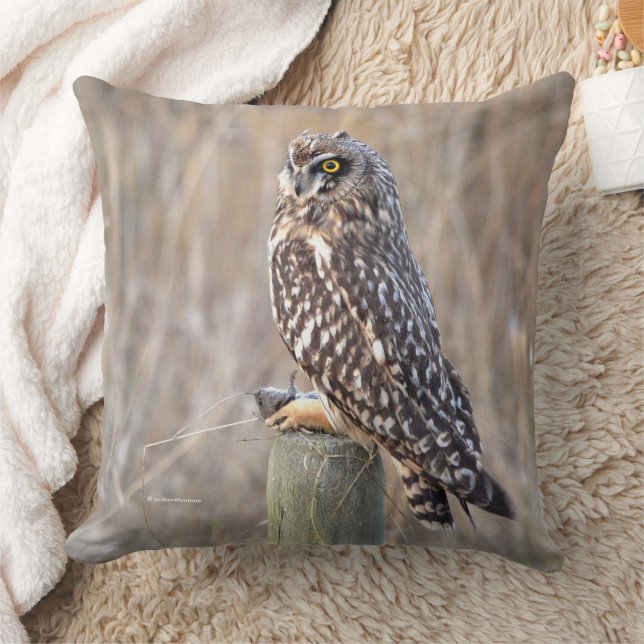 Short-Eared Owl with Vole Throw Pillow (Blanket)
