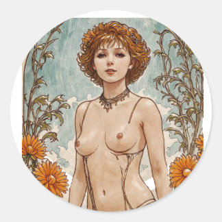 Short Haired Red Head V1 Mucha Style Art Classic Round Sticker