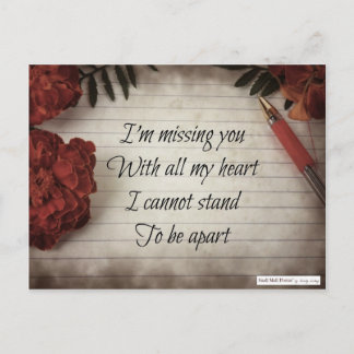 Short I Miss You Poem: Flowers, Paper and Pen Postcard