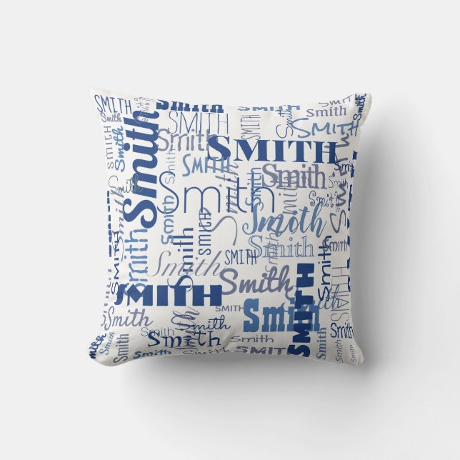 Short Name Pattern Modern Blue White Typography Throw Pillow (Front)