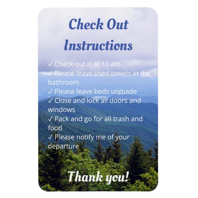 Short term Rental Checkout Instructions Mountains Magnet (Vertical)