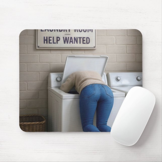 Short Woman Headfirst In a Washing Machine Mouse Pad (With Mouse)
