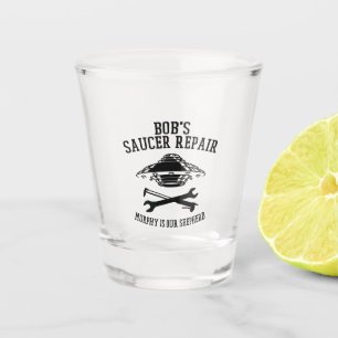 shot glass with black Bob's Saucer repair logo
