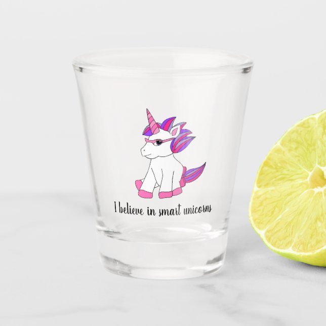 Shot glass with cute unicorn with pink glasses (Front)