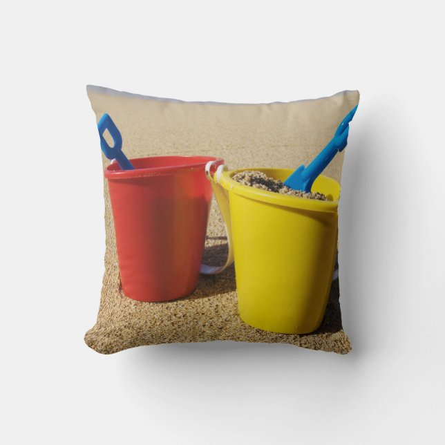 Shovels And Pails On Sandy Beach Throw Pillow (Front)