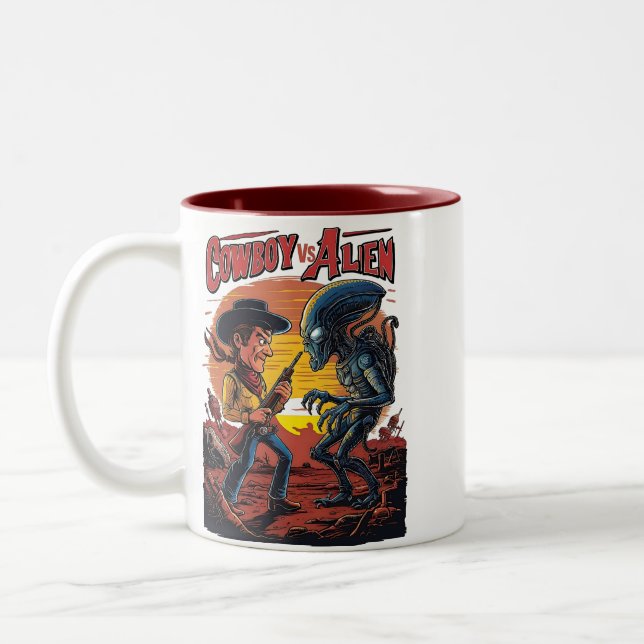 Showdown at Sundown - Cowboy vs. Alien Two-Tone Coffee Mug (Left)