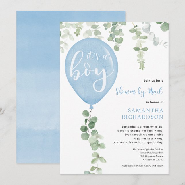 Shower by mail blue balloon eucalyptus baby shower invitation (Front/Back)