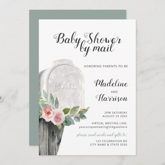 Shower by Mail Floral Green Virtual Long Distance Invitation (Front/Back)