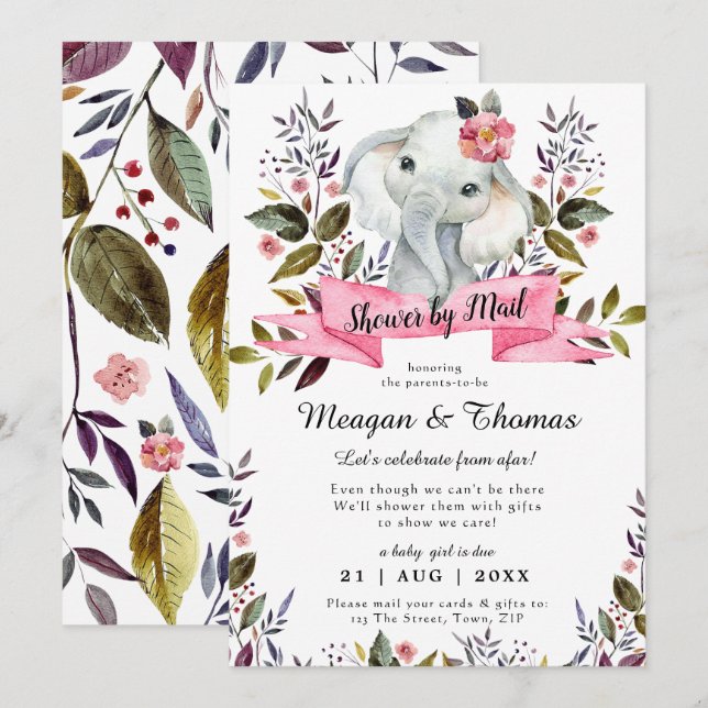 shower by mail from afar elephant pink baby shower invitation (Front/Back)