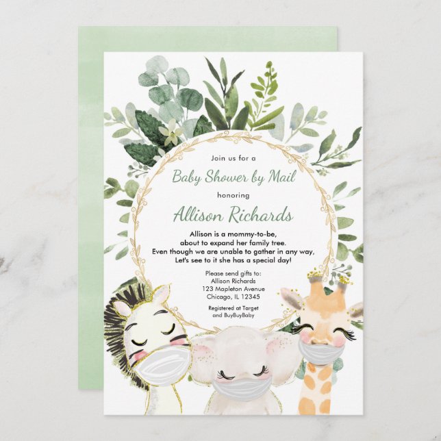 Shower by mail greenery gender neutral animals invitation (Front/Back)