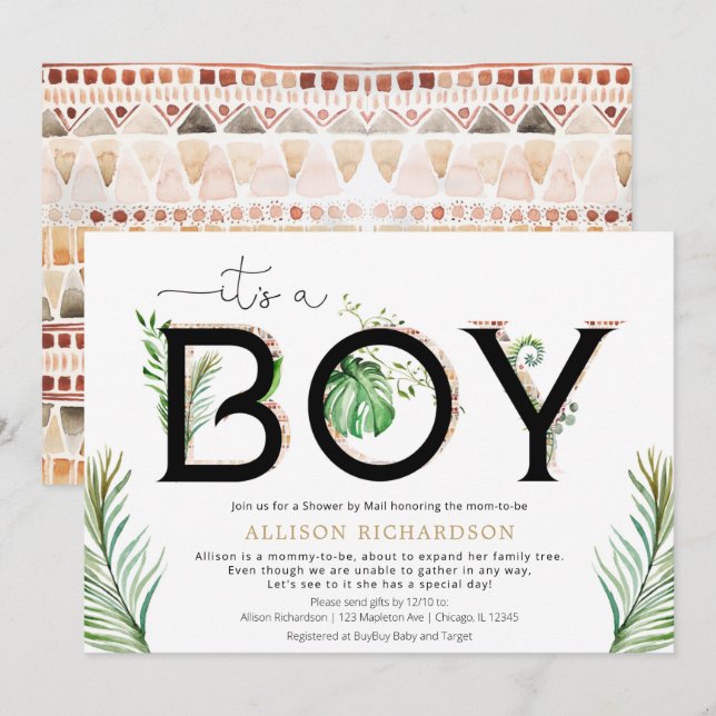 Shower by Mail It's a boy tribal jungle greenery Invitation (Front/Back)
