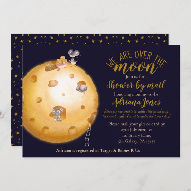Shower by mail, moon made of cheese, gold glitter invitation (Front/Back)