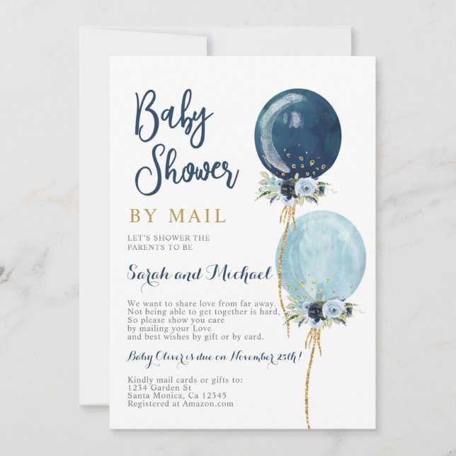 Shower by mail navy blue balloons boy invitation (Front)