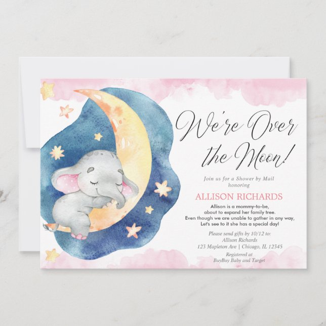 Shower by Mail over moon elephant girl baby shower Invitation (Front)