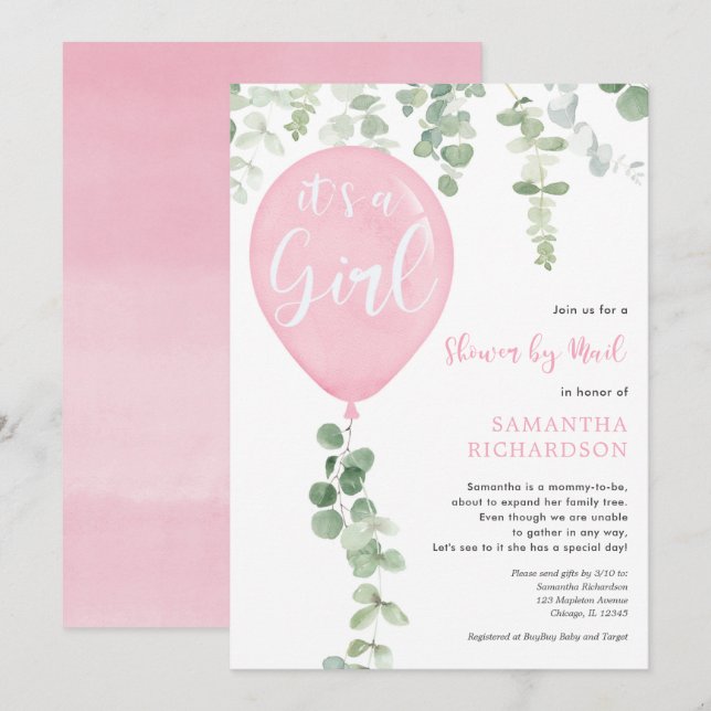 Shower by mail pink balloon eucalyptus baby shower invitation (Front/Back)
