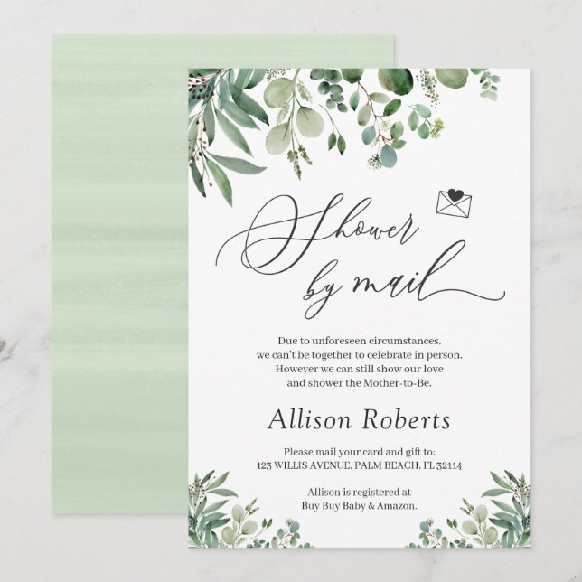 Shower By Mail Script Greenery Eucalyptus Leaves Invitation (Front/Back)