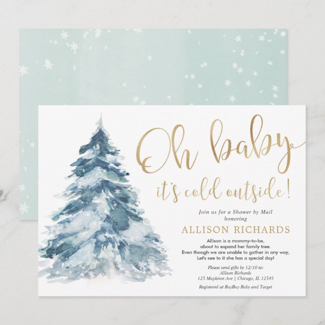 Shower by mail winter gold white snow baby shower invitation (Front/Back)