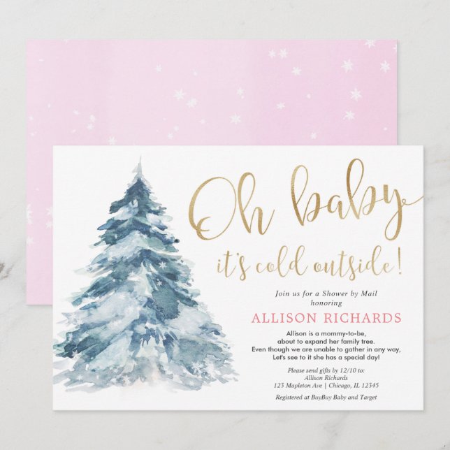 Shower by mail winter pink gold girl baby shower invitation (Front/Back)