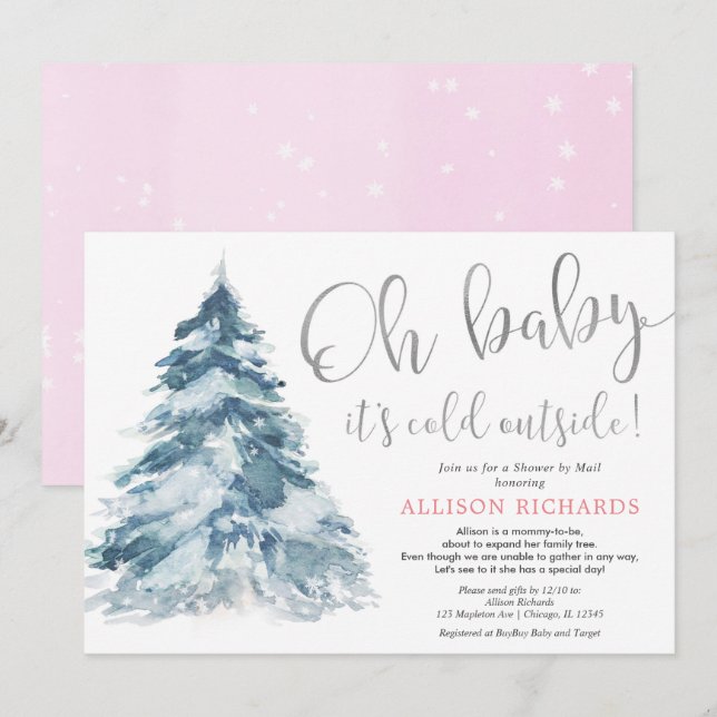 Shower by mail winter pink silver girl baby shower invitation (Front/Back)