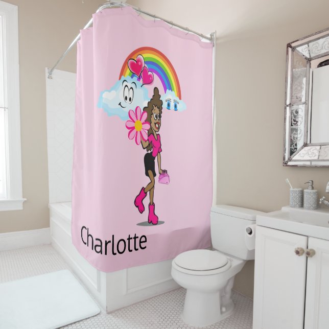 Shower Curtain African Girl Rainbow Happy Clouds (In Situ)