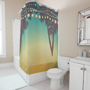 Shower Curtain Beach Sunset Palm Tree String Light