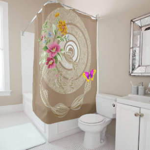 Shower Curtain Beige Floral Butterfly