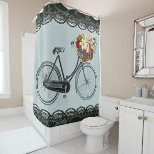 Shower curtain bicycle flower bike mint green