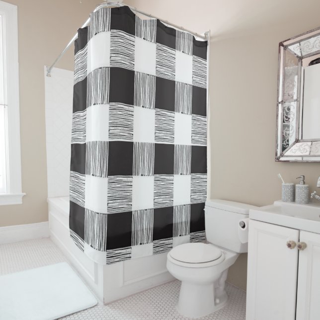 Shower Curtain Black and White Plaid (In Situ)