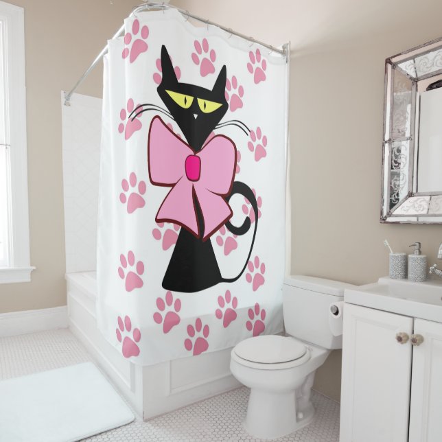 Shower Curtain Black Kitten Pink Paw Prints (In Situ)