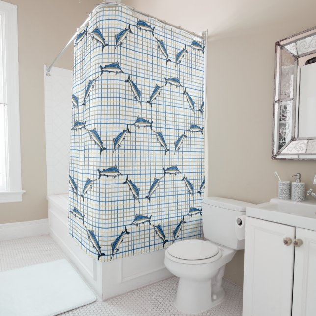 Shower Curtain - Blue Marlins on Plaid (In Situ)