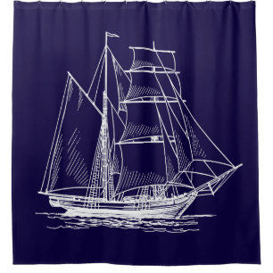 Shower curtain Blue sail boat ship nautical