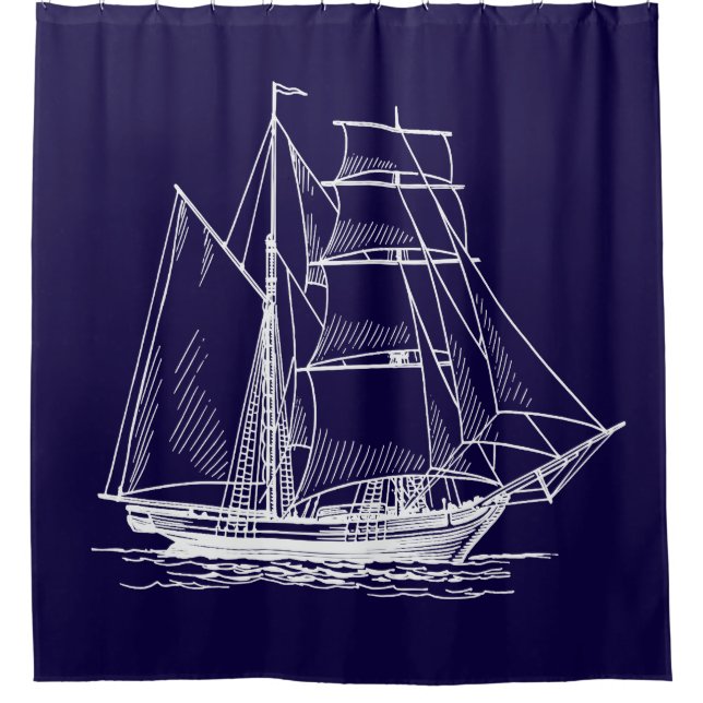 Shower curtain Blue sail boat ship nautical (Front)