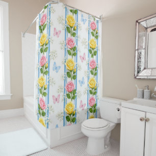 Shower Curtain BluePink & Yellow Rose StripeFloral