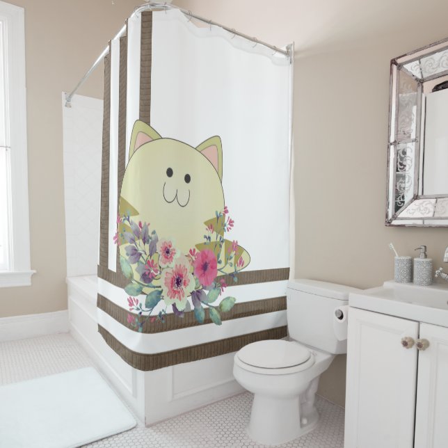 Shower Curtain Brown Stripe Whimsical Cat  (In Situ)