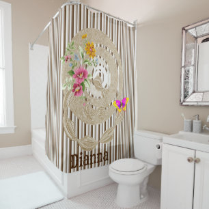 Shower Curtain Butterfly Floral Brown Stripe