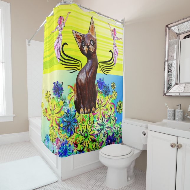 Shower Curtain Cat Fairy Floral Yellow (In Situ)