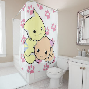 Shower Curtain Cat Kitten Pink Paws Prints