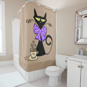 Shower Curtain Cat Purple Bow Coffee Beige