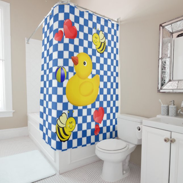 Shower Curtain, Chequered blue white yellow duck (In Situ)