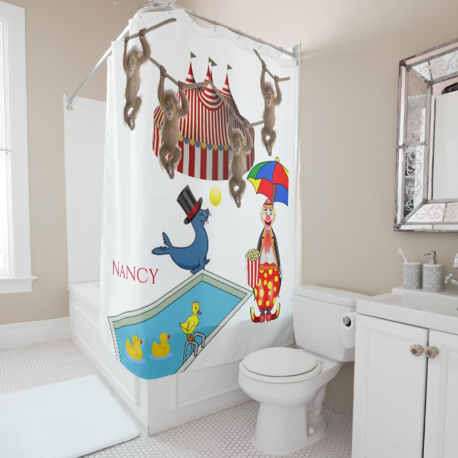 Shower Curtain Clown Zoo Circus Ducks Monkey (In Situ)