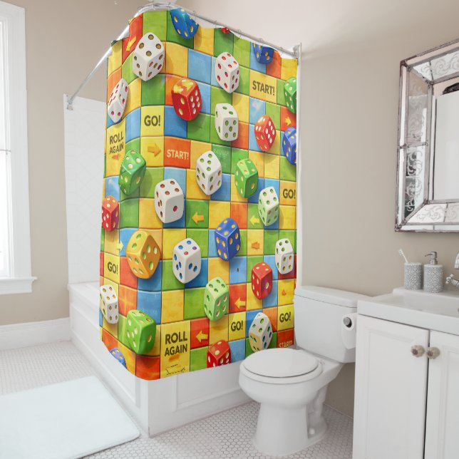 Shower curtain, colorful board game dice pattern  (In Situ)