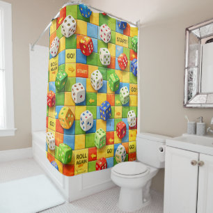 Shower curtain, colourful board game dice pattern